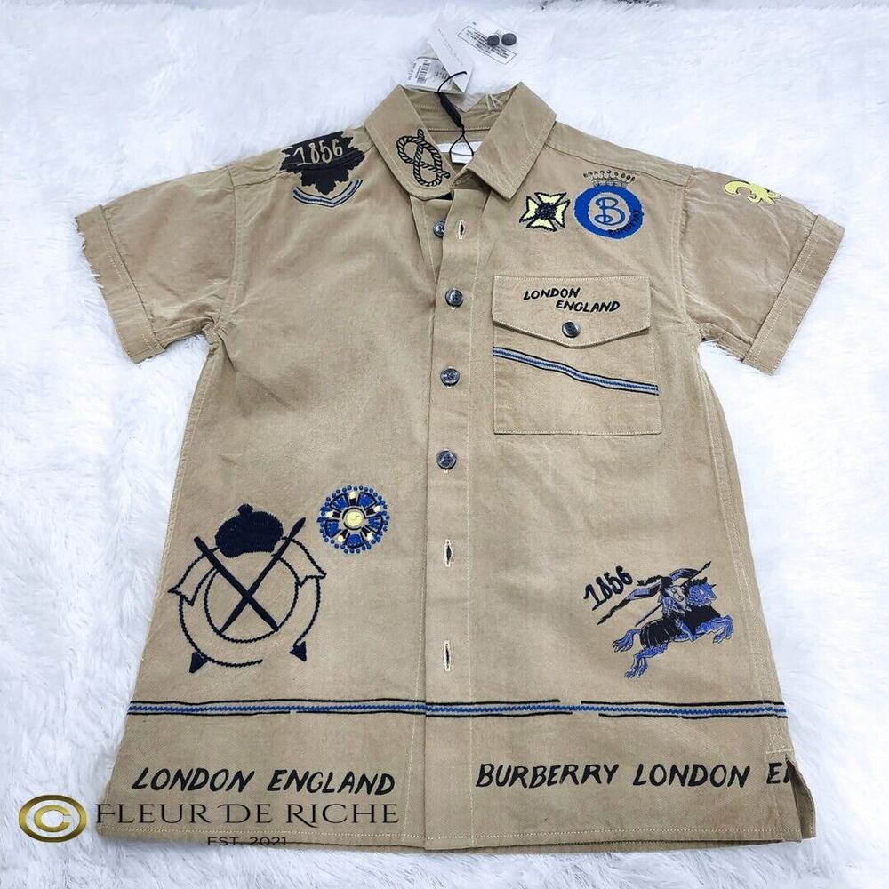 Burberry Boys Embroidered Gabardine Tropical Shirt sz 8